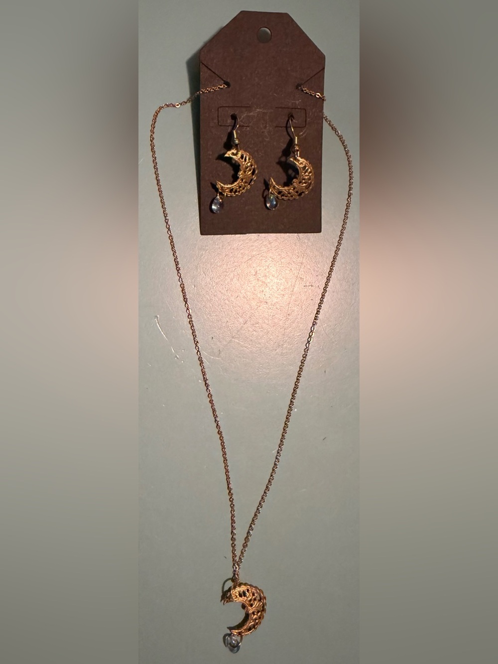 Matte Gold Crescent Moon Pendant Necklace and Earrings Set- Blue Beaded Accents